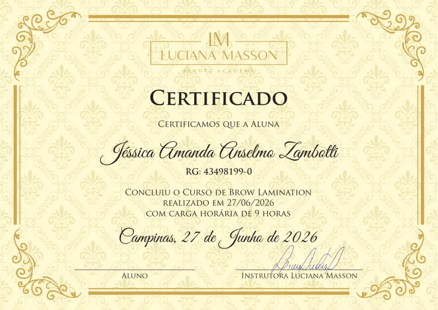 Certificado oficial de Brow Lamination de Jess Zambotti