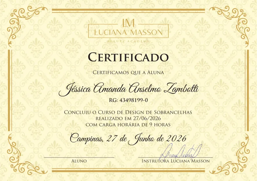 Certificado oficial de Design de Sobrancelhas de Jess Zambotti